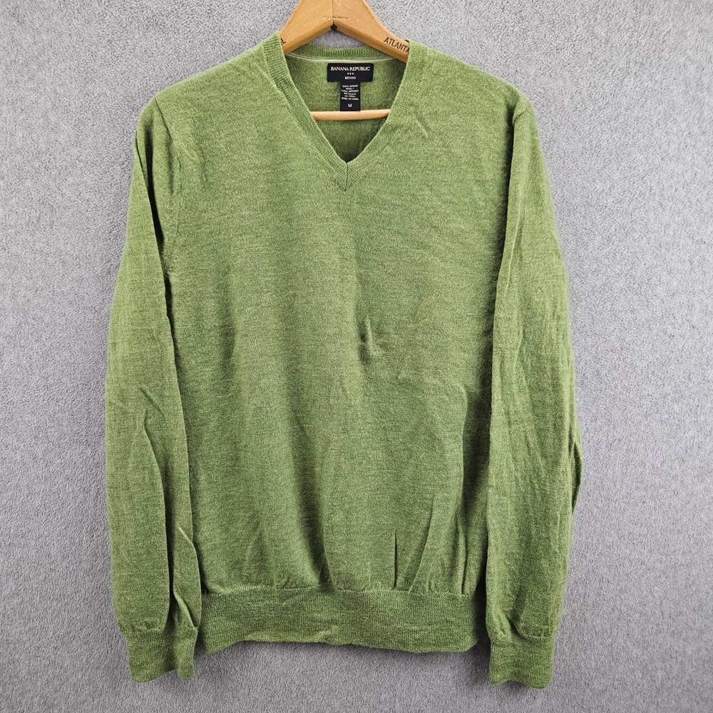 BANANA REPUBLIC V-Neck Sweater Mens M Green Merino Wool Casual Classic Preppy